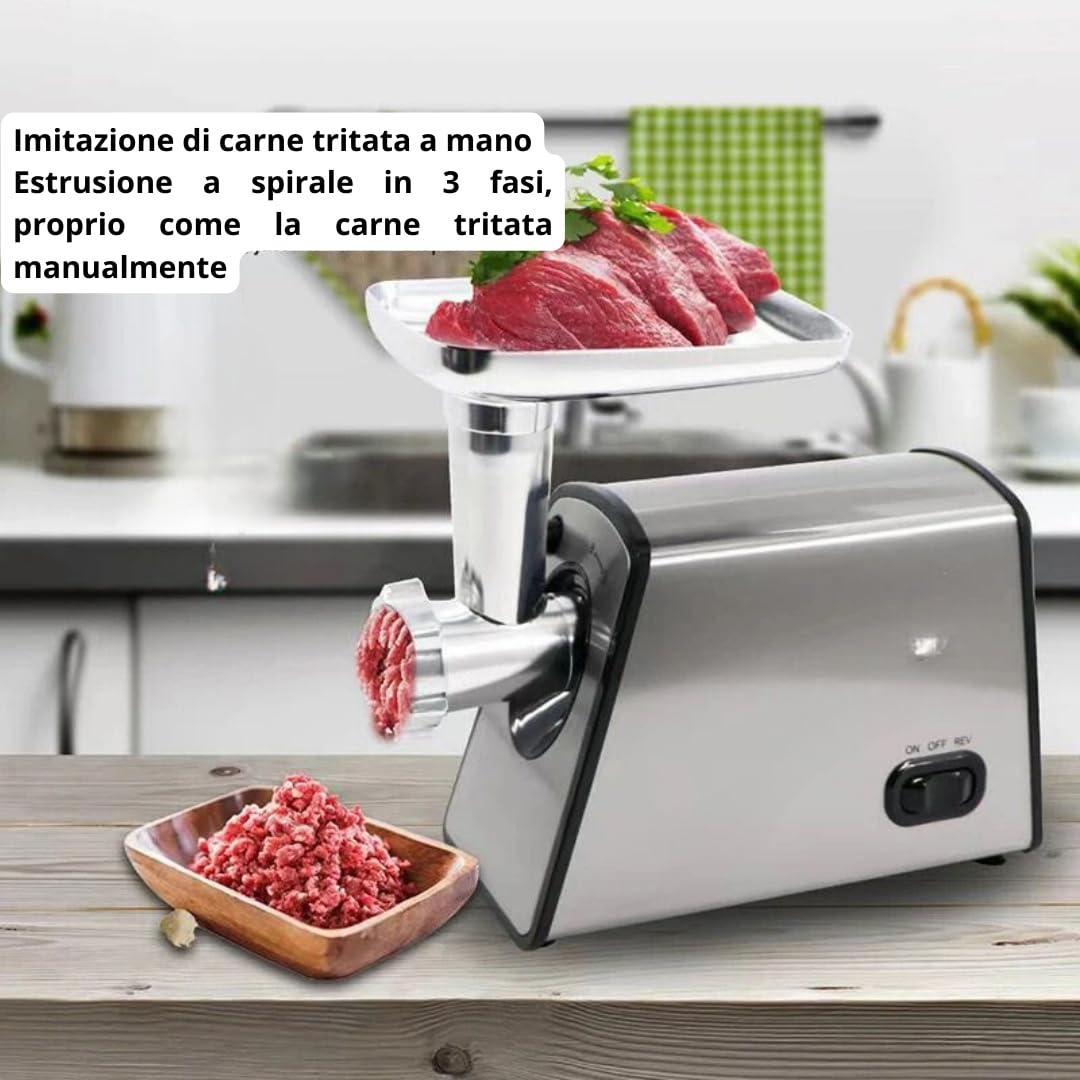 Tritacarne Elettrico Professionale 2000W, 2 Lame in Acciaio Inox, 3 Piastre di Tritatura, Accessorio per Salsicce e Kubbe, Motore Silenzioso, Facile da Pulire, Macchina per Carne, Casa e Cucina.