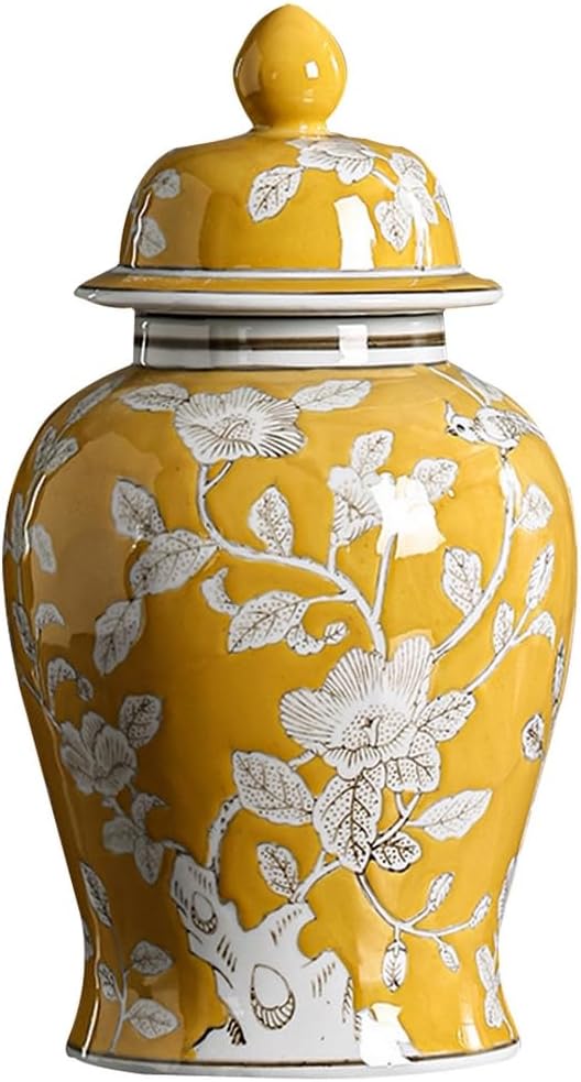Yellow Ginger Jar,Ceramic Ginger Jar with Lid,Hand Painted Floral Pattern Ginger Jar Vase Decor, Ceramic Decorative Jars for Home, Office, Table, Living Room (Yellow,13in)