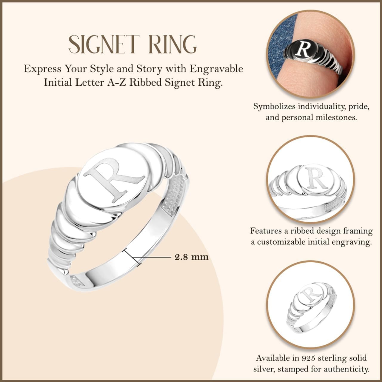 Claddagh Gold Personalized Women's .925 Sterling Silver Engravable Initial Letter A-Z Ribbed Signet Ring | Available in Sizes 4-12