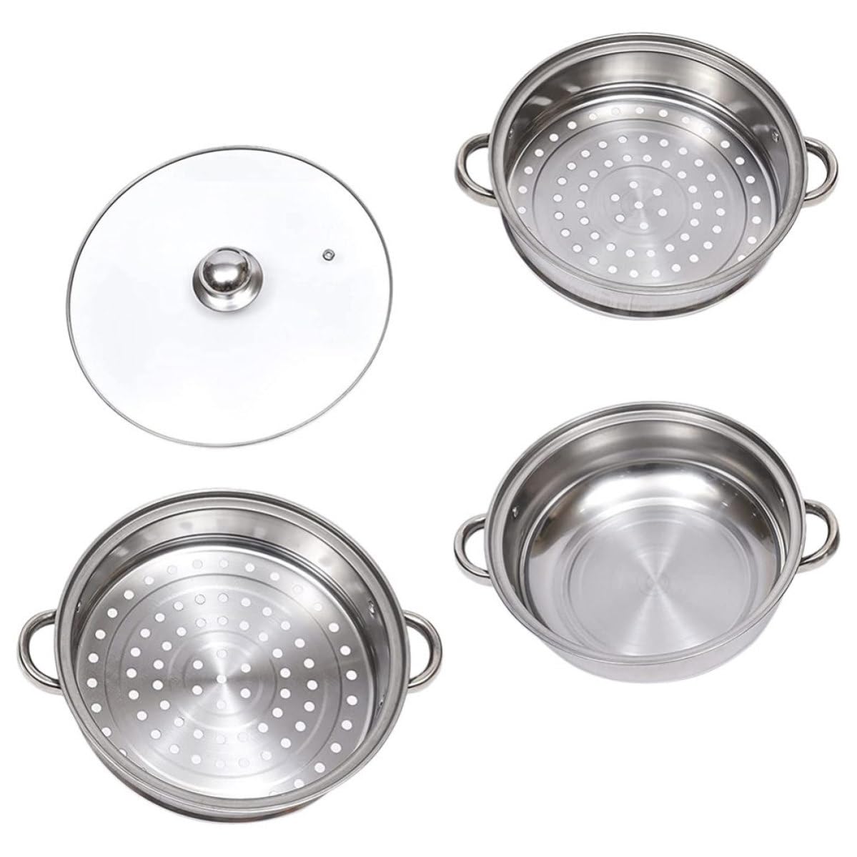 Olla de vapor con diseño multicapa de acero inoxidable y tapa de vidrio resistente