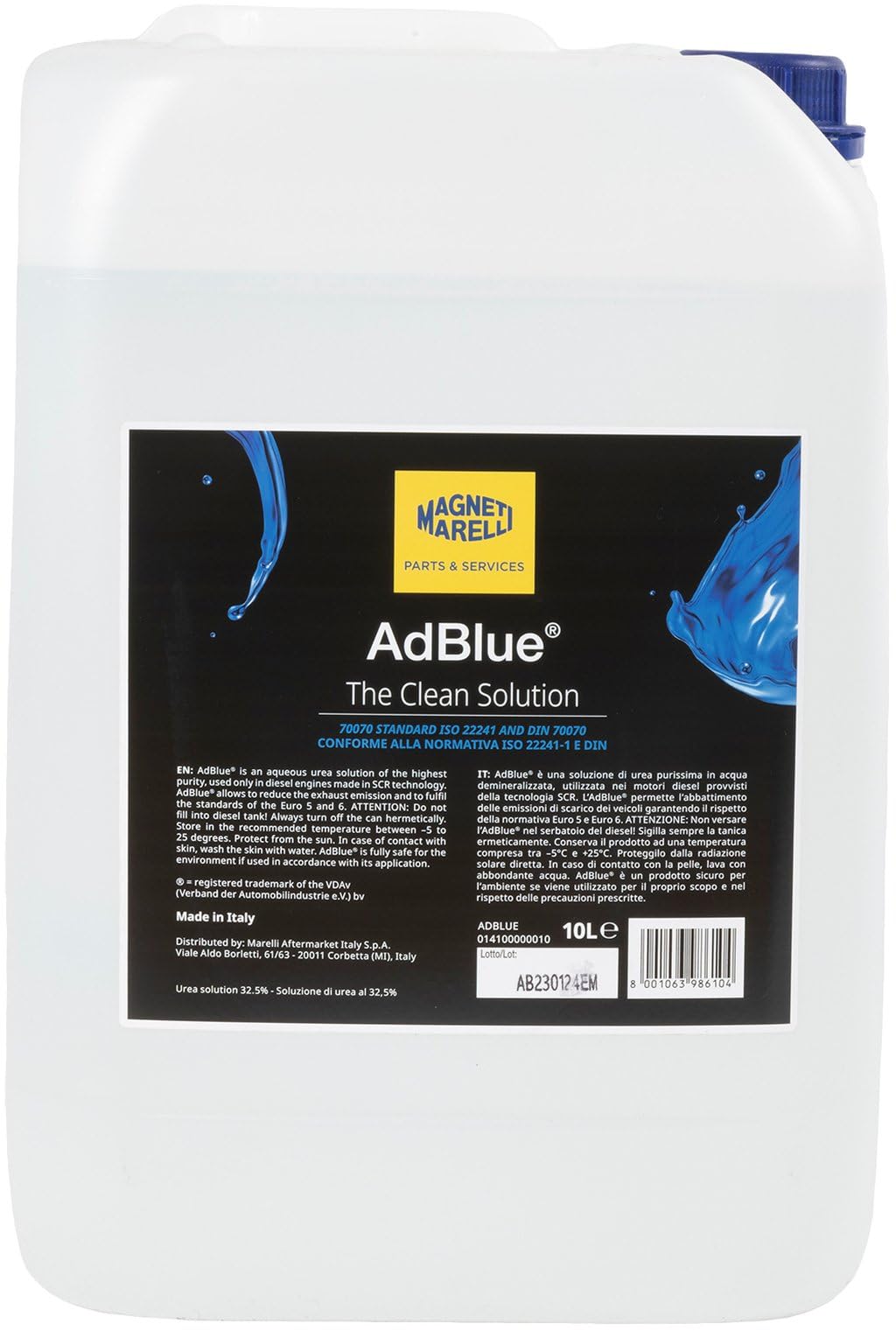 MAGNETI MARELLI AdBlue 014100000010 - Bidón de 10 litros con boquilla para rebosadero | Adblue - Bidón universal SCR de 10 litros con boquilla de llenado, aditivo anticristalización, para gases de escape
