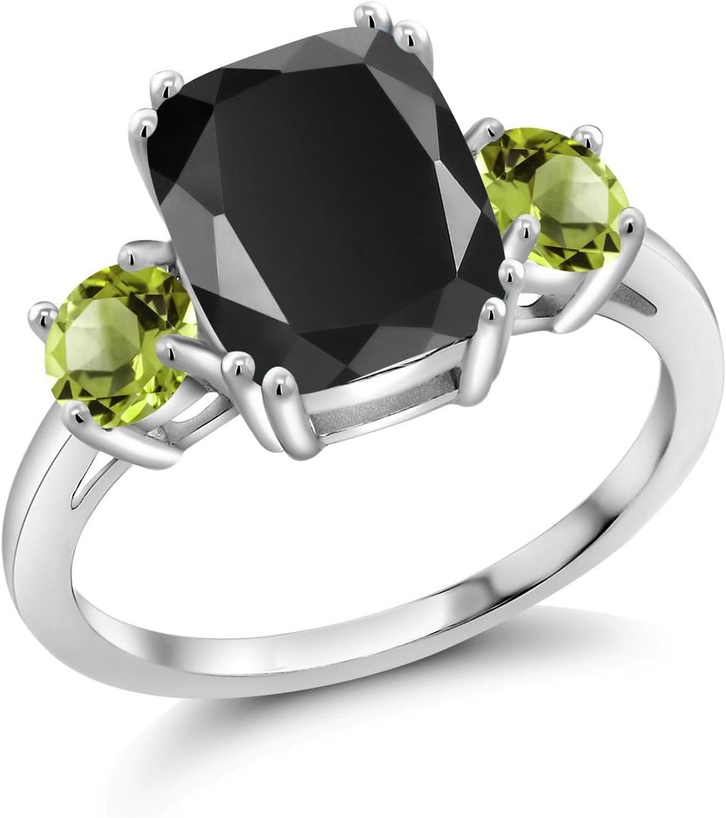 Gem Stone King 3.63 Cttw Black Onyx and Green Peridot 3-Stone Ring For Women | 925 Sterling Silver | Cushion Cut 10X8MM | Round 4.5MM | Gemstone Birthstone | Available In Size 5, 6, 7, 8, 9