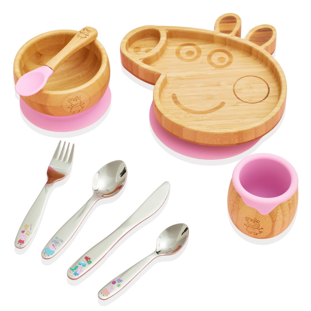 bamboo bamboo X Peppa Pig - Juego de alimentación y destete para bebés y niños pequeños, cuenco, plato, taza y cubiertos | Succión excepcional | para bebés a partir de 6 meses (Peppa Pig)