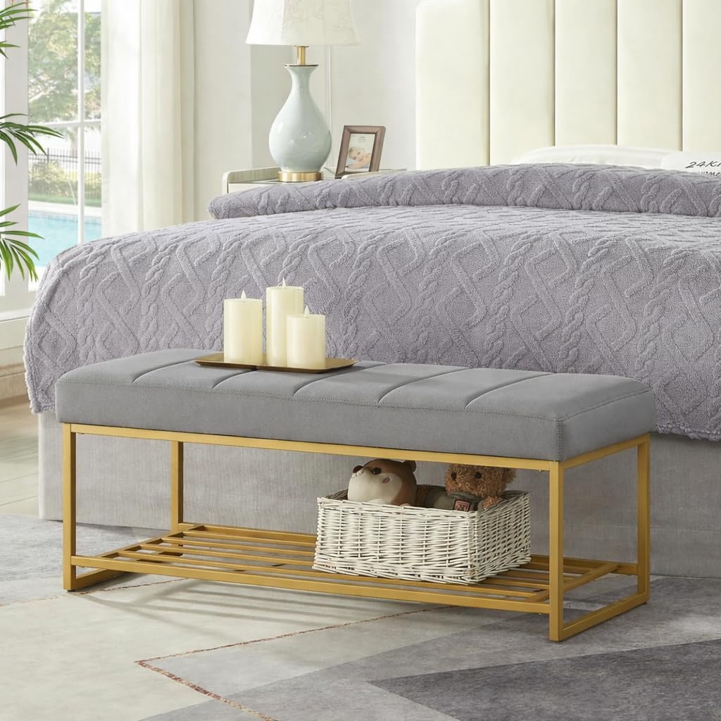 Metal End of Bed Bench-Upholstered Entry Shoe Storage with Nailhead Trim,Black Mental Frame Ottoman Bench for Bedroom Entry Window Mudroom Living Room - (Grey)