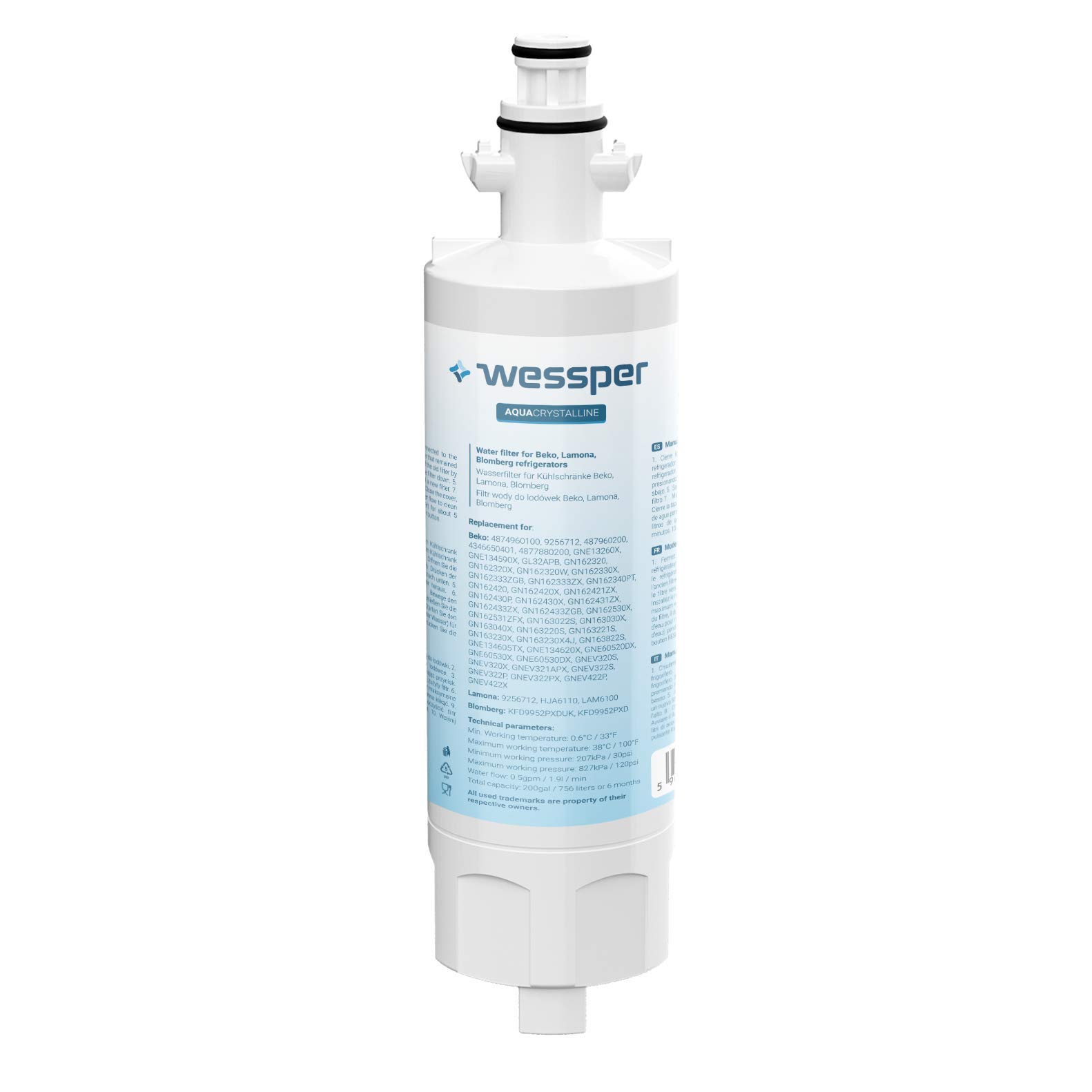 Wessper 3x 4874960100 Cartucho de Filtro de Agua para Nevera/frigorífico - Beko 4874960100, 4394650100, 9256712, SBS4K, GNE; Blomberg IWD1004ET; Grundig 487960000, GSN; Lamona LAM6100, HJA6110