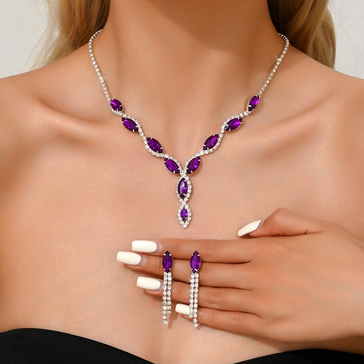 Kercisbeauty Blue Rhinestones Y Necklace with Dangle Earrings Crystal Tassels Earrings Women Wedding Jewelry Set image 3