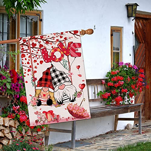 Hexagram Valentines House Flag 28 X 40 Double Sided-Burlap Gnomes And Swing Happy Valentine's Day House Flag For Outside-Large Outdoor Banner Romantic Love Valentine Flags #TOP6