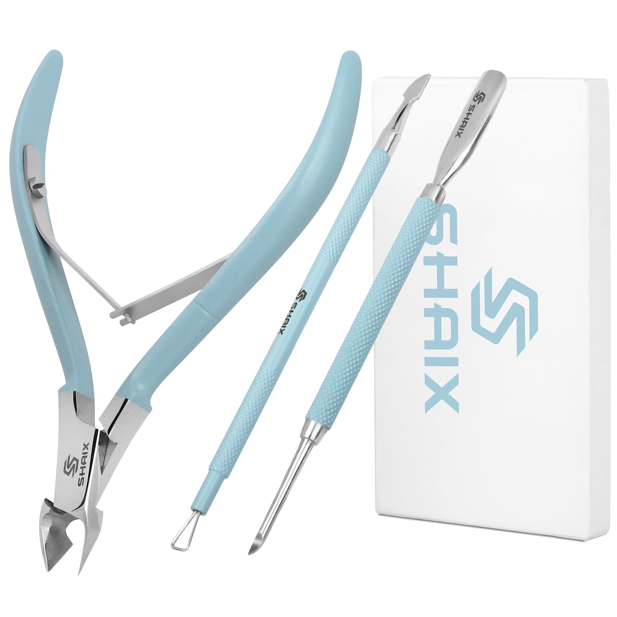 ShaiX Cuticle Trimmer - Cuticle Pusher & Cuticle Nippers Cutter - (Set of 3) Sky Blue Cuticle Remover - Professional Stainless Steel Manicure Pedicure Tools for Toenails and Handnails.