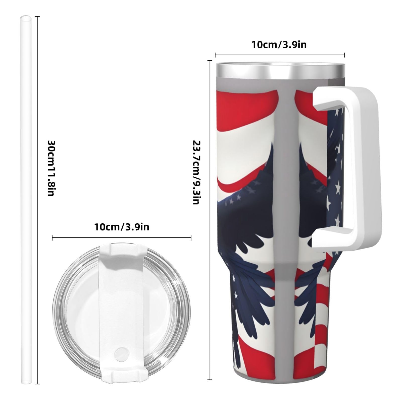 Trinkflasche mit amerikanischer Flagge, Edelstahl, doppelwandig, isoliert, mit Griff und Strohhalm-Deckel, 1,2 l
