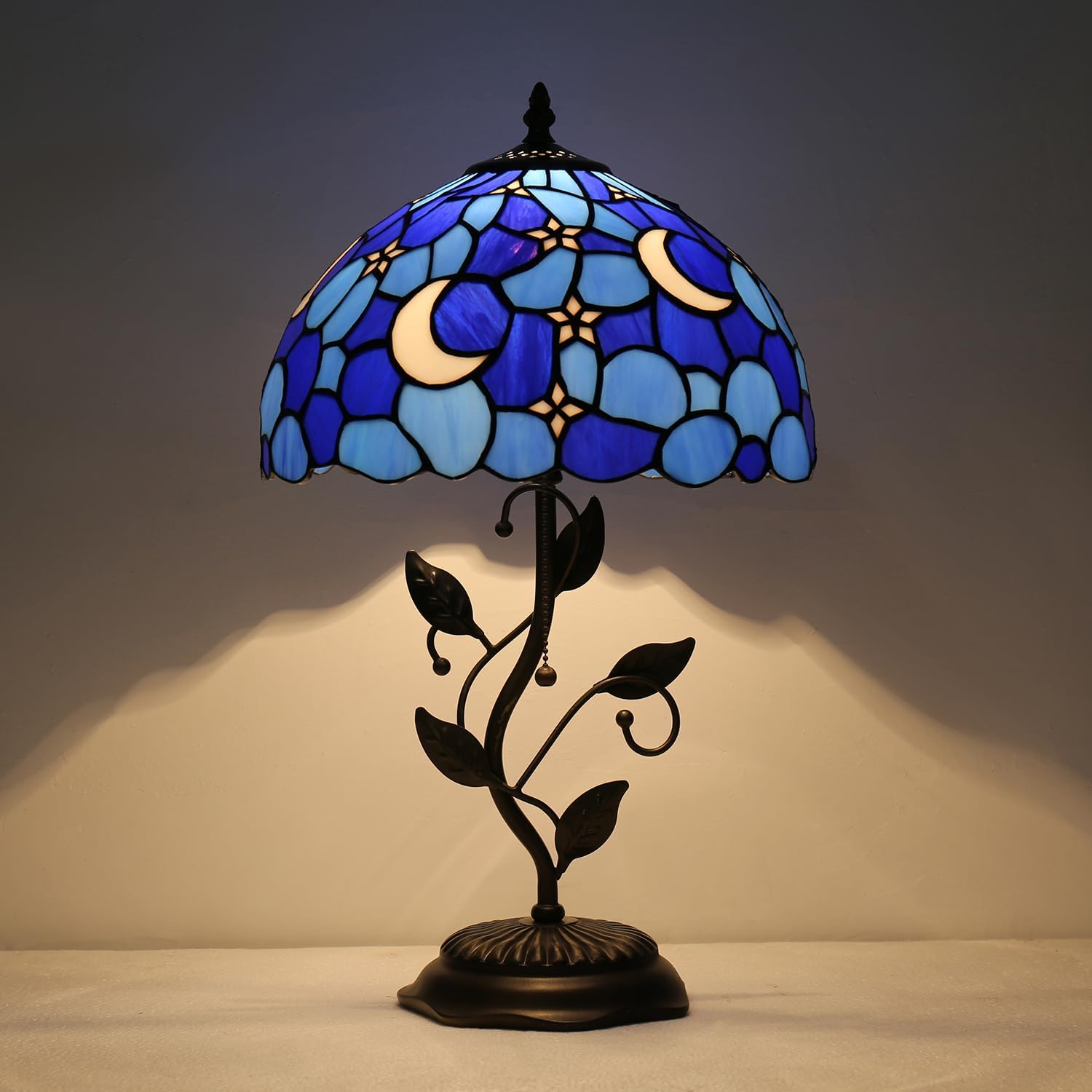 Tiffany Style Table Lamp,Stained Glass Moon Table Lamp,12X12X19 Inch Reading Light, Metal Leaf Base Antique Glass Desk Decor Lamp.