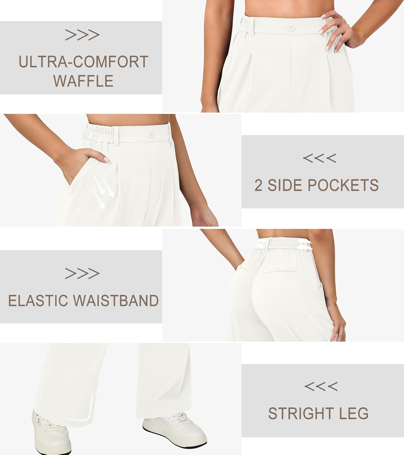 Wide Leg Pants for Women, High Waisted Stretchy Work Dress Casual Pants, Waffle Slacks Business Trousers-White, Medium - Image 6