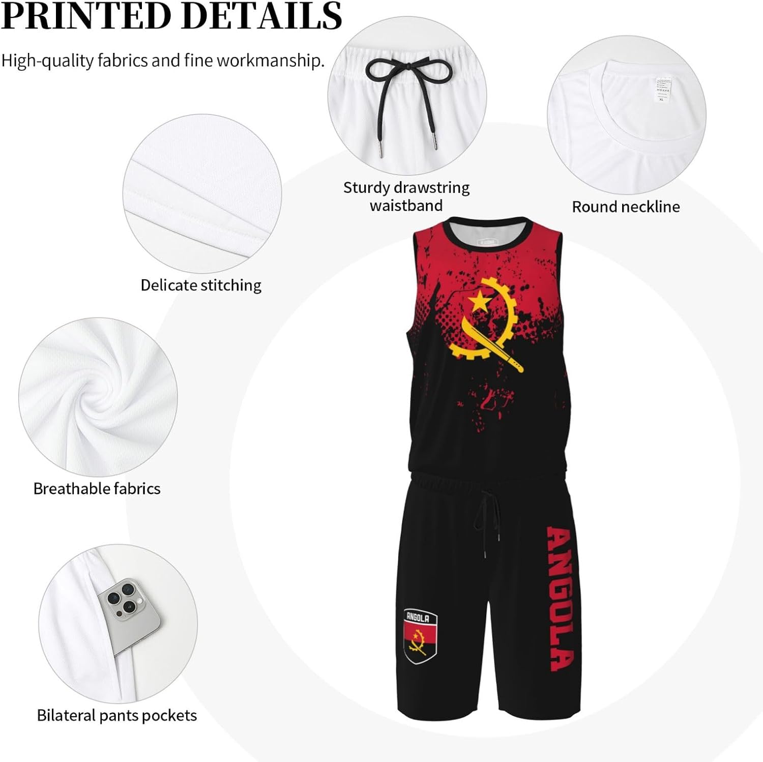 Angola Flag Grain (2) Basketball Jersey Uniform Suit for Men Adults Training Athletic Set