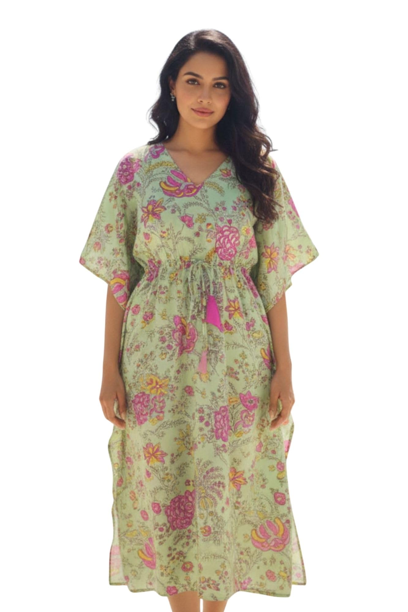 momzjoy Green Floral Maternity & Nursing Kaftan | 100% Cotton Dress-picture-49