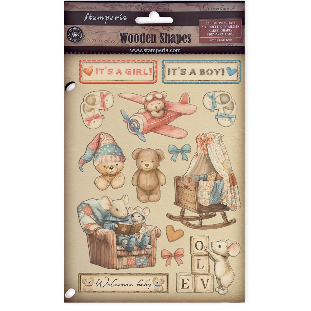 Stamperia - Coloured Wooden Shapes for Scrapbooks, Albums, Cards, Bullet Journals and More, Laser Cut, Printed for Enhanced Detail, Perfect for Hobbies, Crafts and Gifting (Baby) (A5)