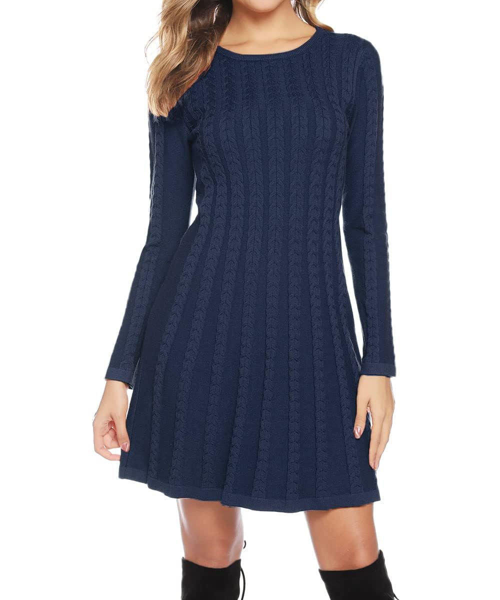 Gyabnw Vestito Casual Donna Invernale in Maglione Abito Vita Alta Elegante in Girocollo di Orlo Svasato Abito Linea A in Maglia al Ginocchio Caldo di Moda Treccia Ritorta