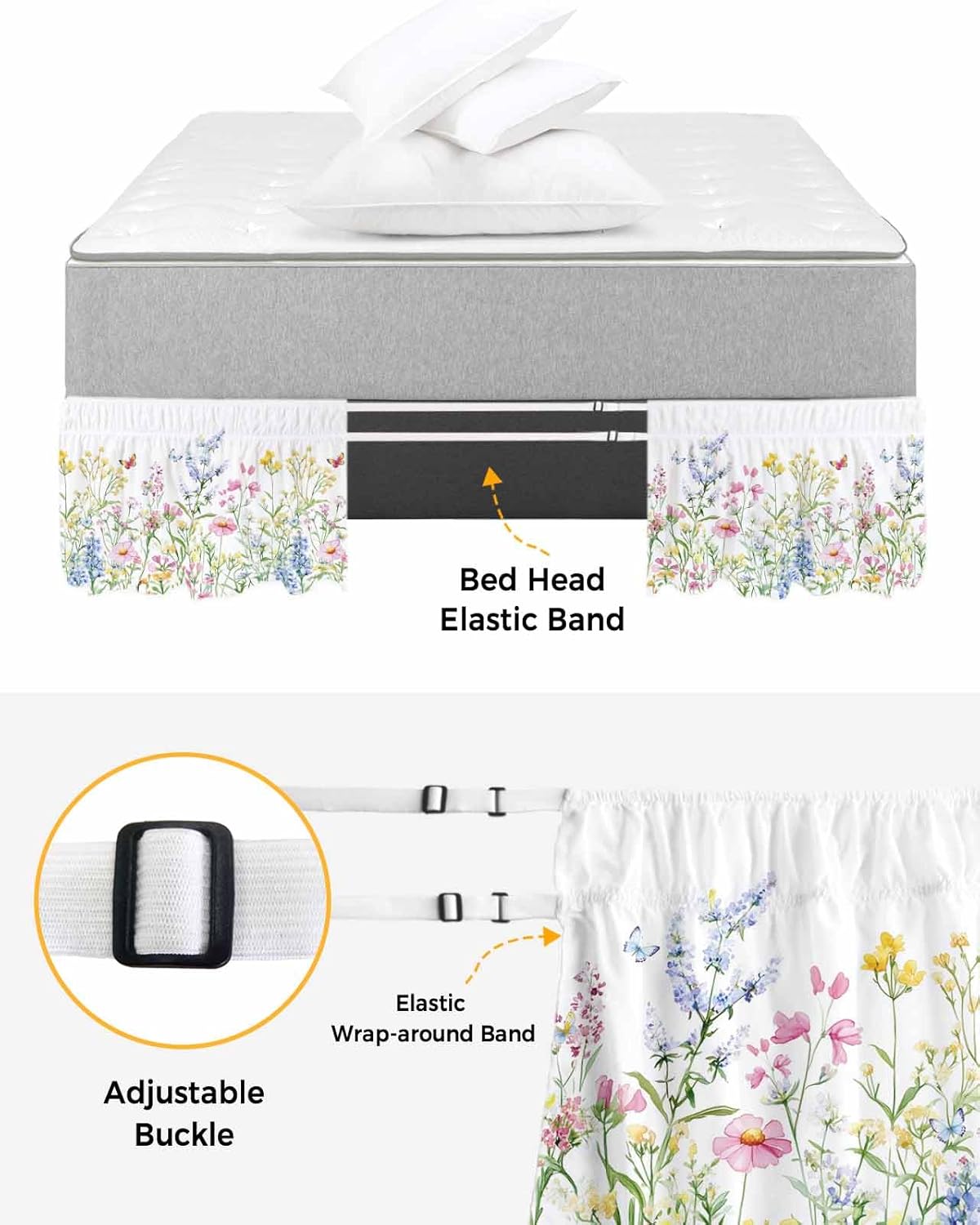 Spring Floral Bed Skirt Queen Size 18 Inch Drop, Elastic Bedskirt Dust Ruffle for Queen Bed, Colorful Watercolor Botanical Summer Wrap Around Bed Skirts Luxurious Pleated Bed Frame Cover