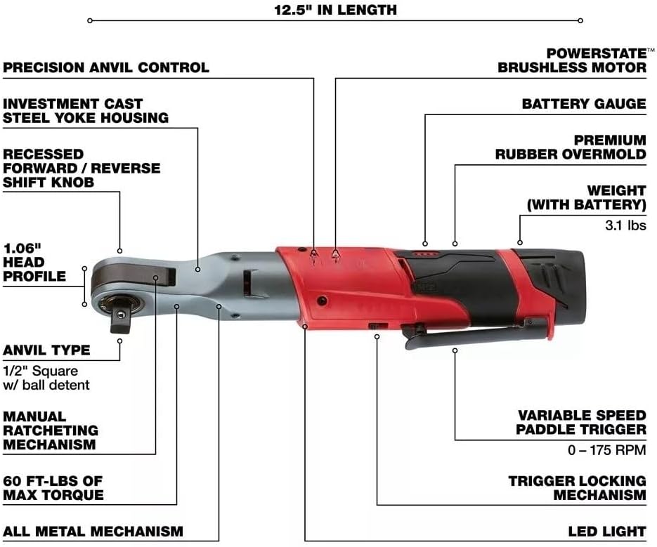 2558-22 for Milwaukee M12 FUEL 1/2" Lithium-Ion Brushless Cordless Ratchet Kit Voltage 12 V