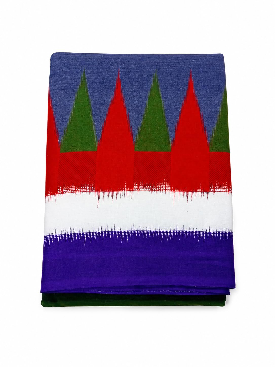 Handwoven Ikat Cotton Dhoti, Blue, Green and Red, Geometric Triangle Pattern with Floral Motifs, 5+2.5m-image-36