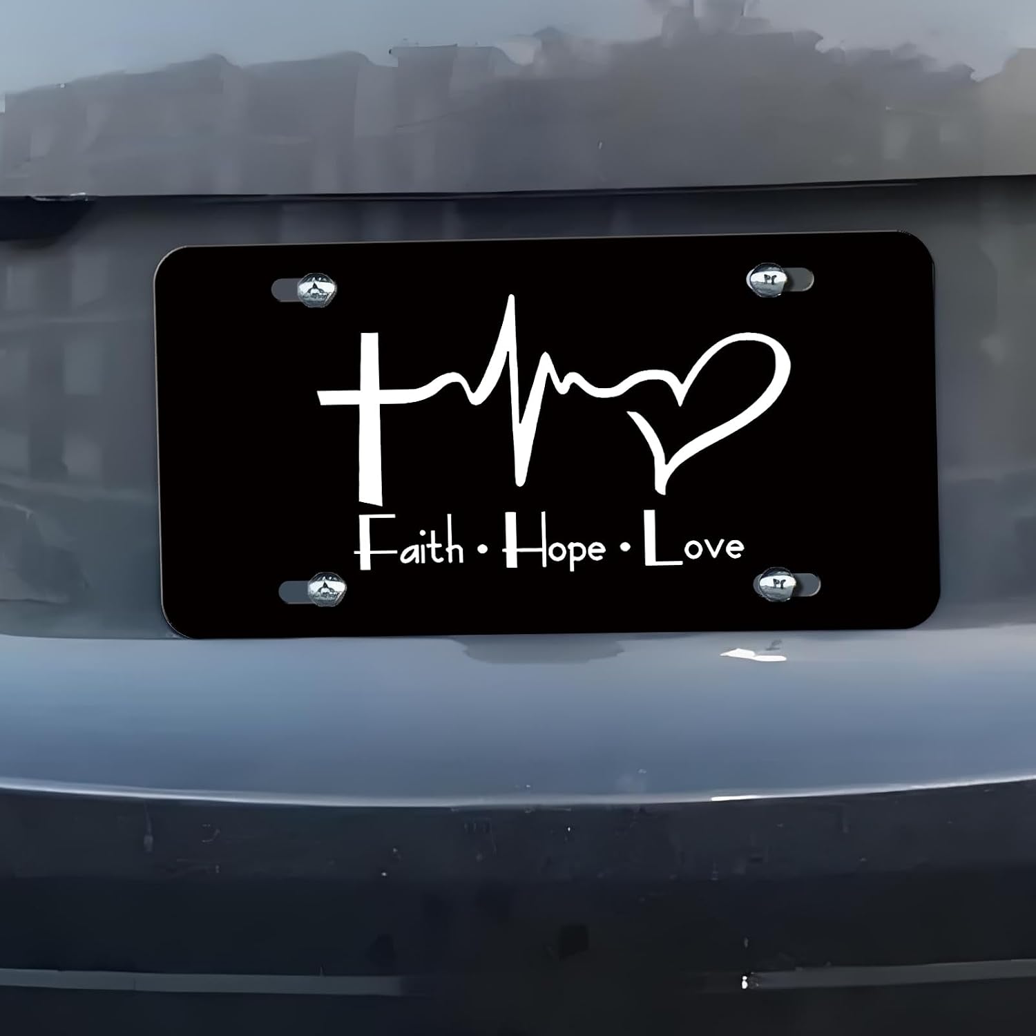 License Plate, Black Front Funny Cute Decoration Aluminum Metal License Plates Cover with 4 Holes, Novelty Vanity Tag Cover Car Decor Accessory White Heart