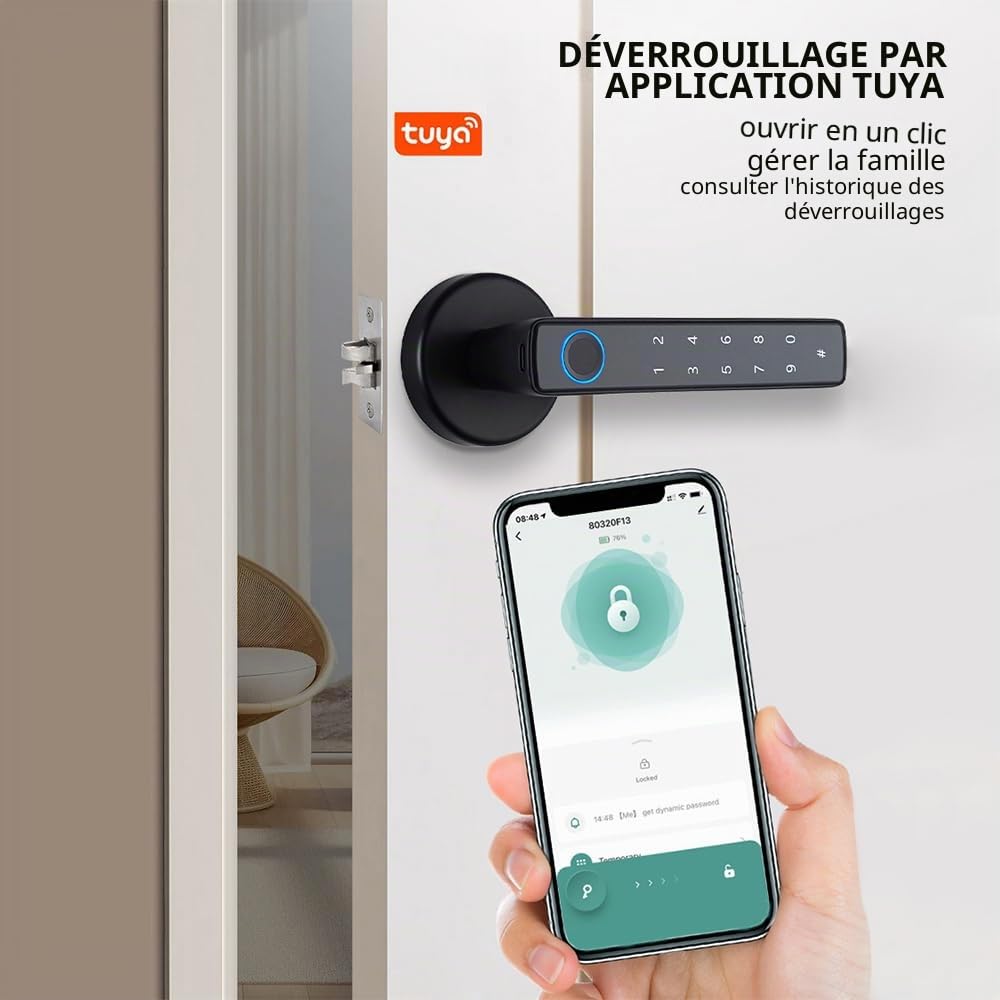 Serrure de porte intelligente 4 en 1 avec empreinte digitale, poignée, et 4 façons de déverrouiller
