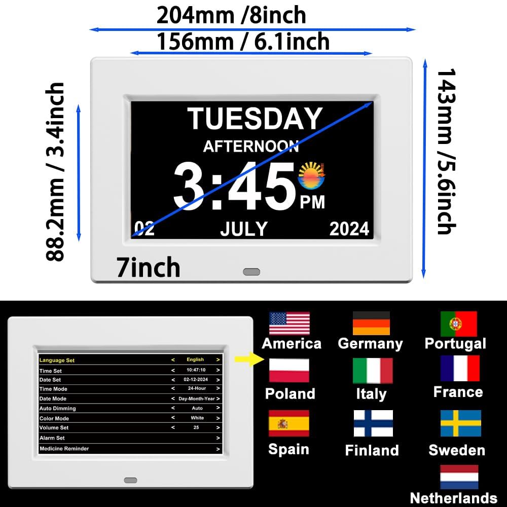 Orologio con giorno e data per anziani, opzioni digitali di allarme, 18 allarmi, display auto-dim a livello 5, per anziani, ipovedenti, perdita di memoria black