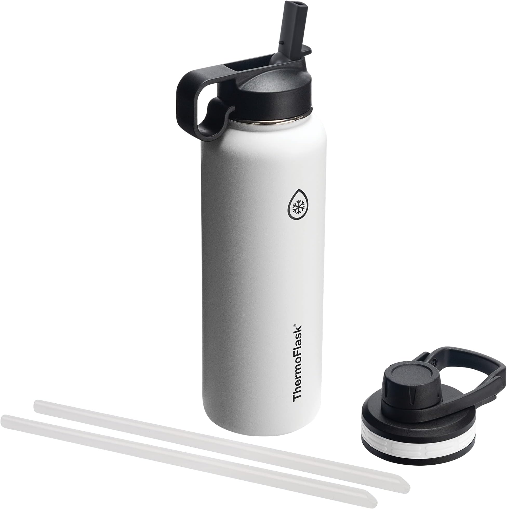 ThermoFlask Bottle with Chug Lid & Straw Lid - Insulated Stainless Steel Water Bottle with Leak-Proof Lids - Dishwasher-Safe Reusable Bottle & Lids - Durable Bottle, 2 Straws & 2 Lids - 40 oz, White
