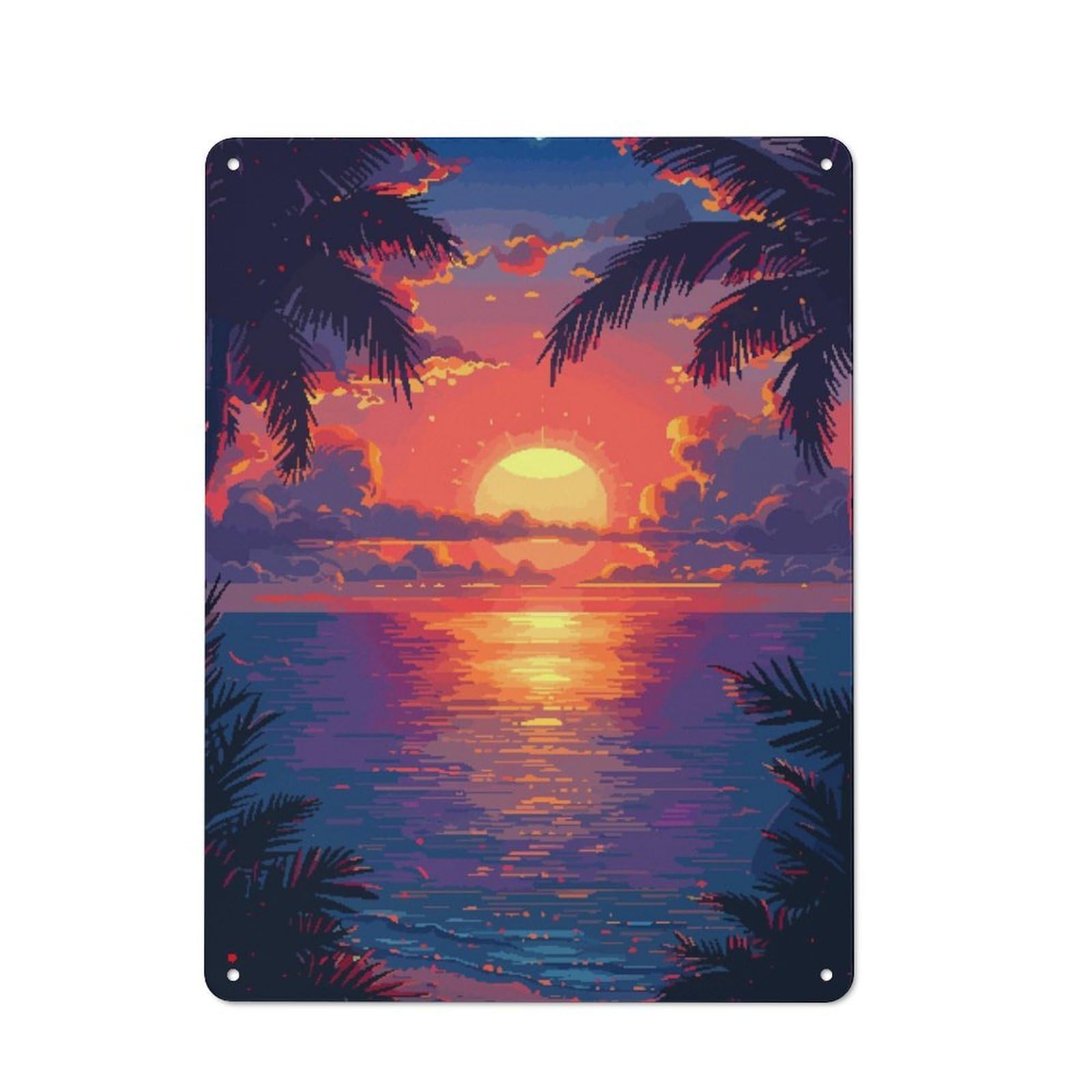 Junmoney Sunset Beach Pixel Art Rustic Metal Sign 40X30cm For Hallway Wall, For Collectors Of Rustic Metal Wall Decor
