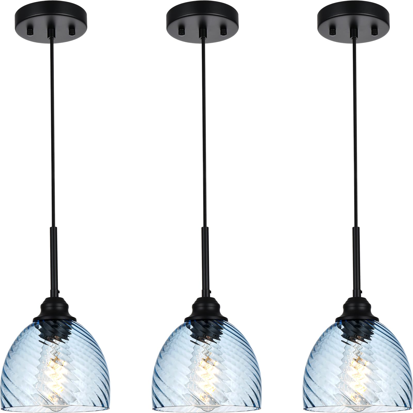 3 Pack 1 Light Pendant Lights Kitchen Island,Black Farmhouse Dining Room Light Fixtures Over Table with Blue Ribbed Glass Pendant Ceiling Lighting for Living Dining Room Light Fixture