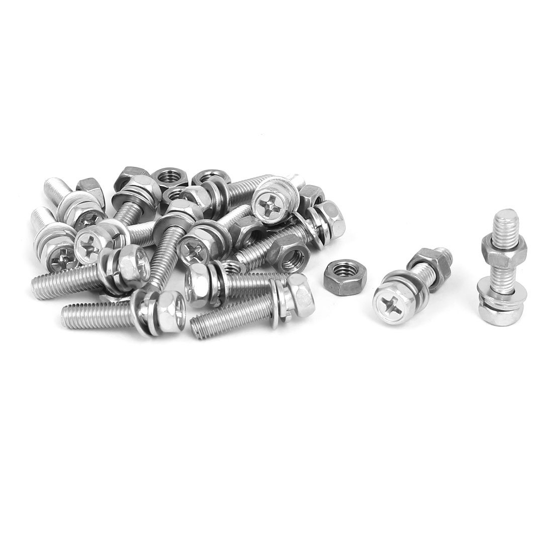 Sourcingmap M5 x 20mm 304 Stainless Steel Phillips Hex Head Bolts Nuts w Washers 15 Sets