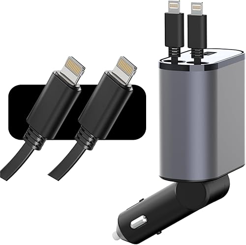 Cargador de coche retráctil con cables de carga retráctiles dobles Lightning y 2 puertos USB, cargador rápido 4 en 1 para teléfono con pantalla de