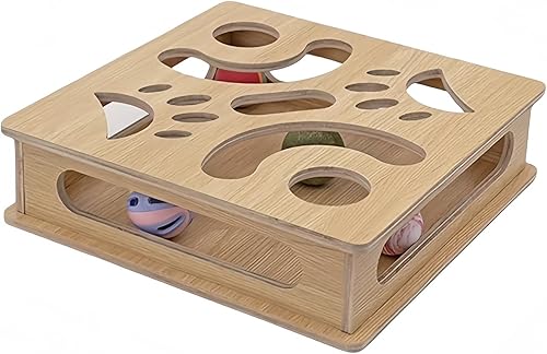 Caja de juguetes interactiva de madera para gatos con 4 bolas, juguete interactivo para gatos de interior, juguete de caza, juguete de tratamiento,