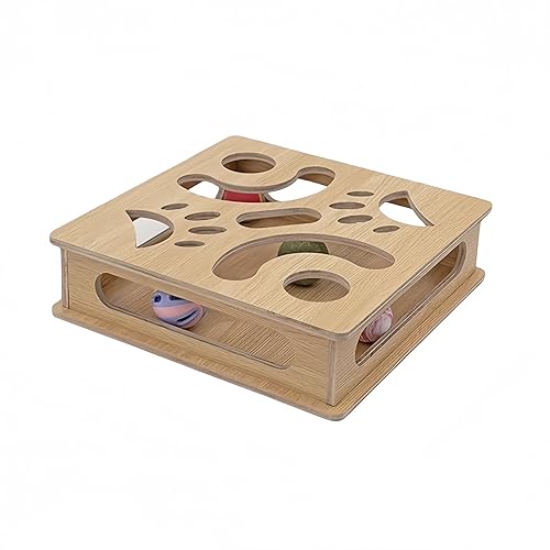 HaoCpetslian Interactive Wooden Cat Puzzle Toy Box with 4 Balls Interactive Cat Toy for Indoor Cats Indoor Hunting Play Toy Treat Puzzle Toys for Cats