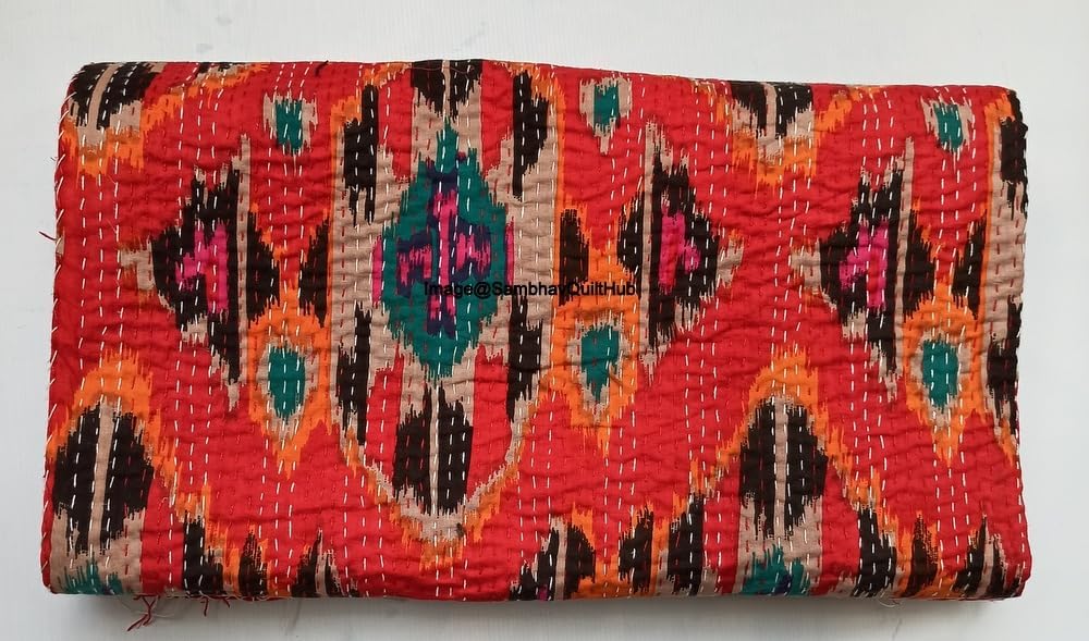 Red Handblock Floral Multi Ikat Print Handmade Cotton Kantha Quilting Boho Bedding Throw Blanket Hippie Queen/King Size Bohemian Block Kantha Quilt (Queen 90X108 inches)
