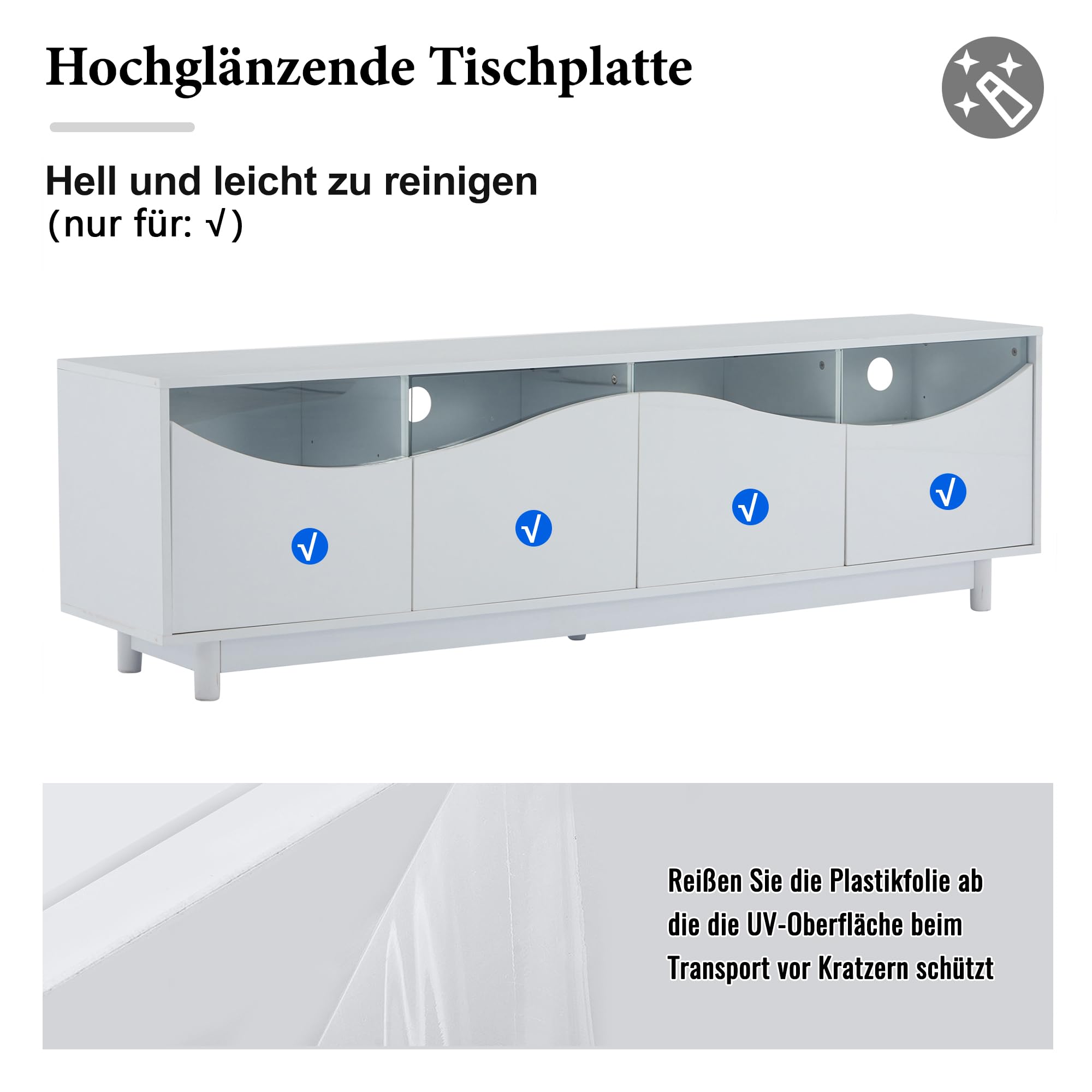 Mobile TV dal design curvo, porta dell'armadio in vetro temperato, illuminazione a LED, lucido, adatto come mobili da intrattenimento, camera da letto, soggiorno, bianco, 175 x 38 x 51 cm