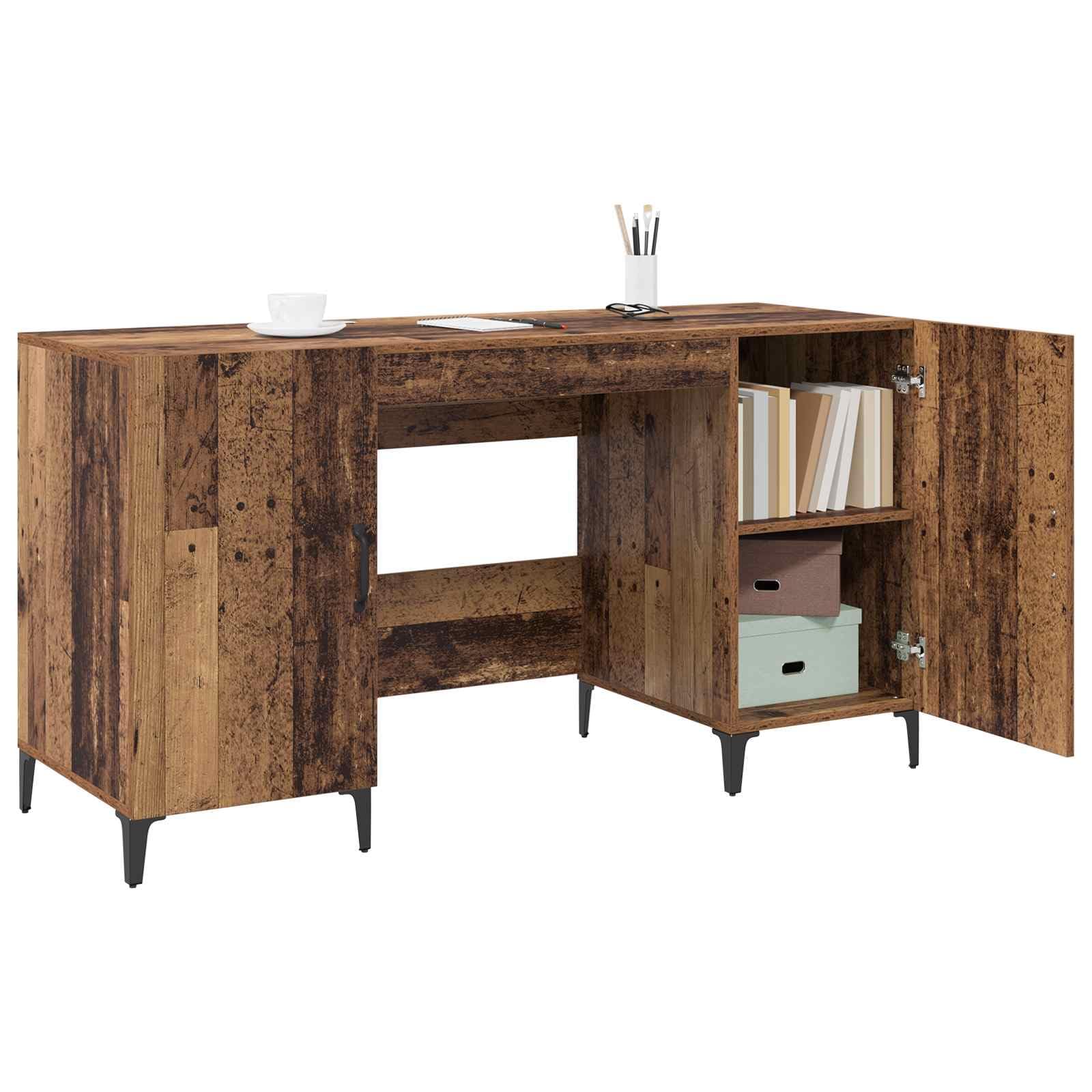 Escritorio con puerta de aspecto de madera recuperada, 140 x 50 x 75 cm, 2 puertas, metal negro, para ordenador, oficina, oficina, espacio de almacenamiento, gestión de cables