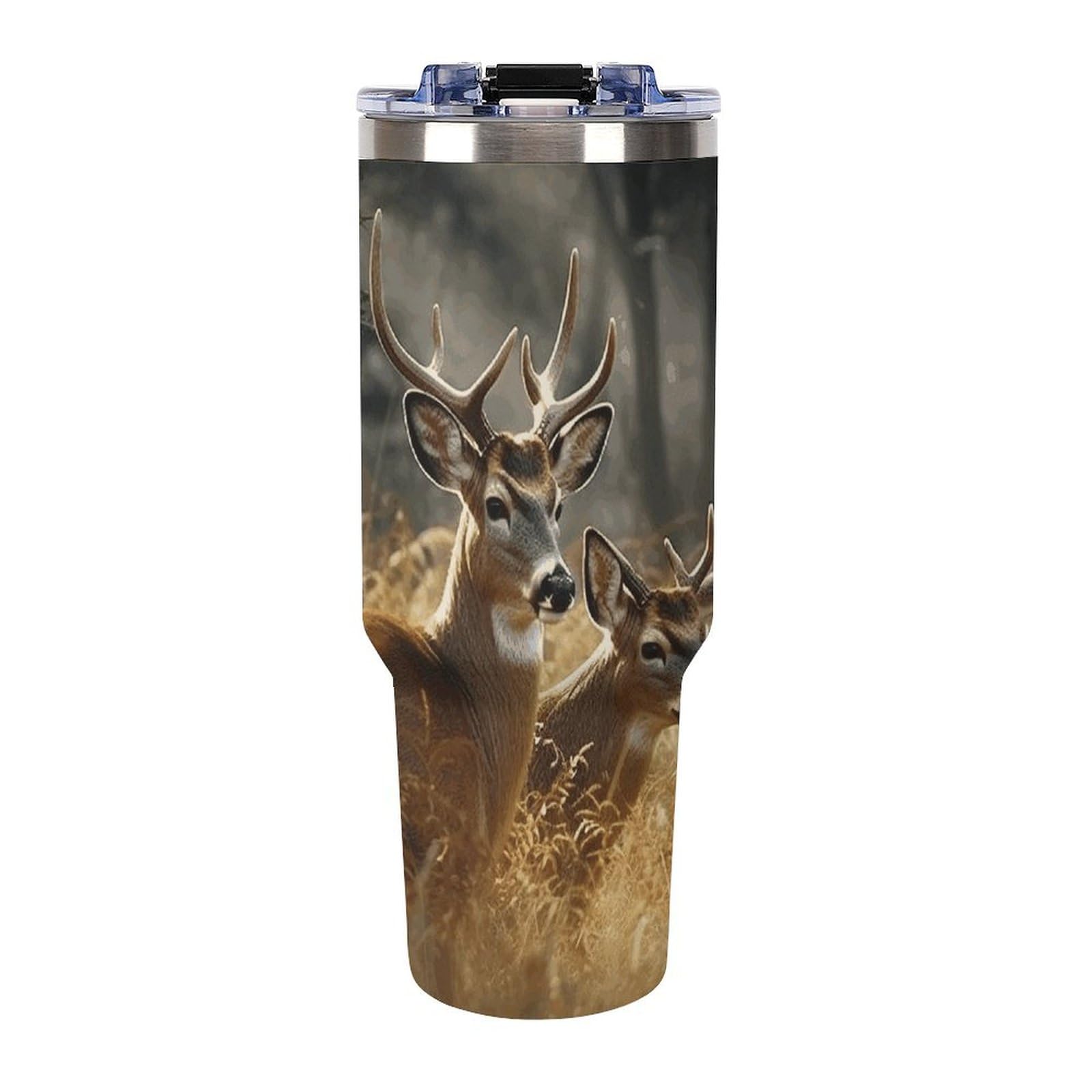 Edelstahl-Thermobecher mit Griff, Natur, Wildtiere, Hirsche, Edelstahl-Wasserflasche, hitzebeständig, auslaufsicher, geeignet für Auto-Becherhalter, 1,2 l