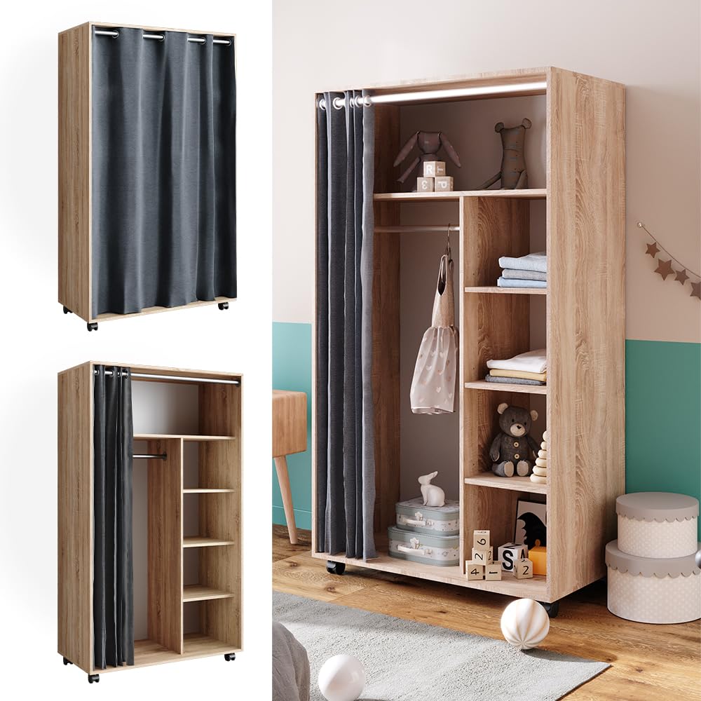 Vicco Armoire Doros, Sonoma, 100x168cm Ouvert, avec roulettes, pour Le Rangement Flexible de vêtements et Accessoires