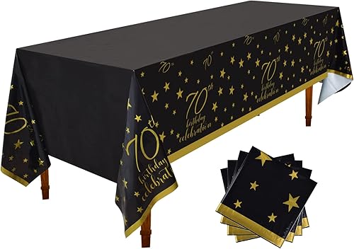 Gatherfun Mantel desechable para cumpleaños de 70 años, paquete de 4 unidades, color dorado y negro, impermeable, para hombres y mujeres,