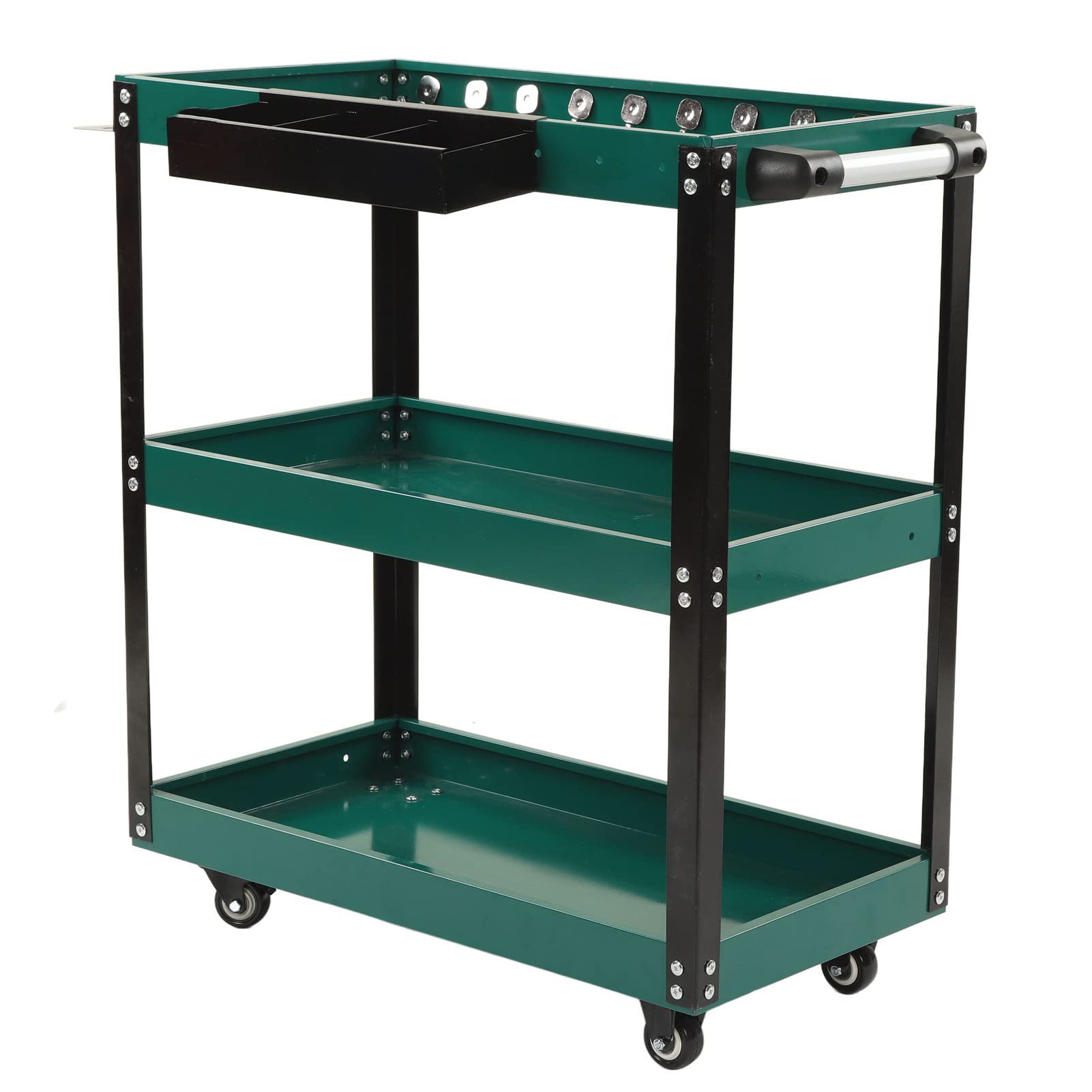 Carro Rodante con Estantes de 3 Capas con Ruedas Bloqueables para Almacenamiento de Herramientas en el Garaje del Hogar, Acero Negro Verde Portátil 28.3x30.9x14.2in