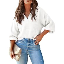 Mutitop Womens V Neck Oversized Sweater Collared Batwing Long Sleeve Ribbed Knit Pullover Casual Fall Chunky Sweater Top - White 2XL