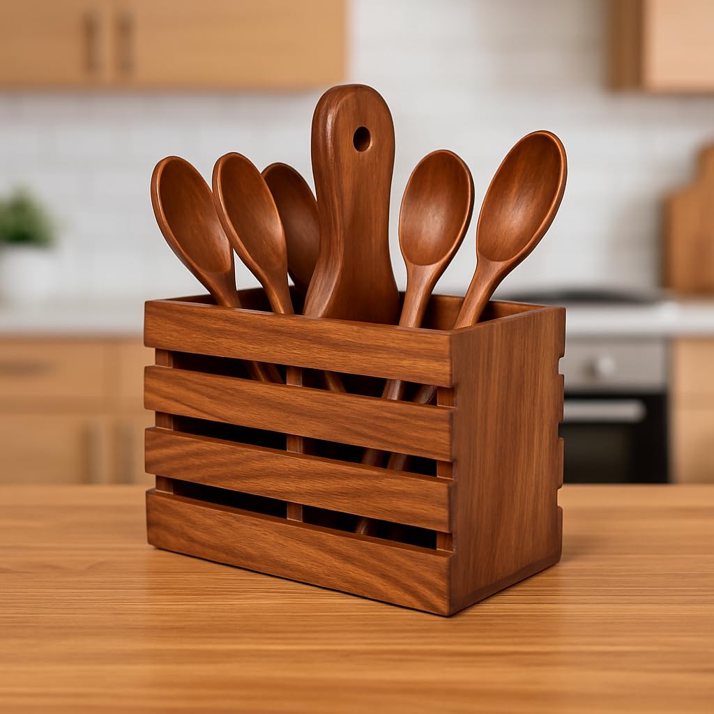 Rustic Wooden Cutlery Holder - 2 Compartment -1