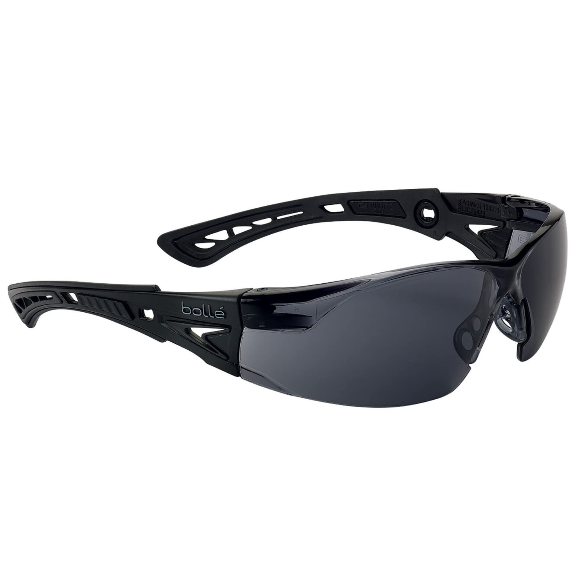Bollé Safety Standard Issue, RUSH+ SMALL Eye Protection for Military, Tactical and First Responders with Platinum Anti-Fog Coating, Matte Black Frame/Smoke lenses