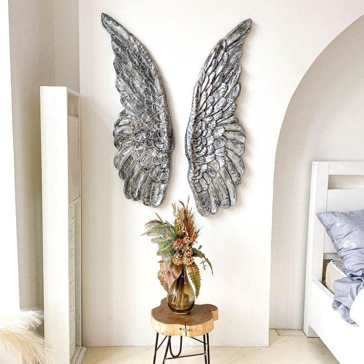 The Zara Enterprises Woode MDF Decorative Wall 2 Angel Wings Set of 2 Silver Antique 1 Wing Size 16 x 44 inch