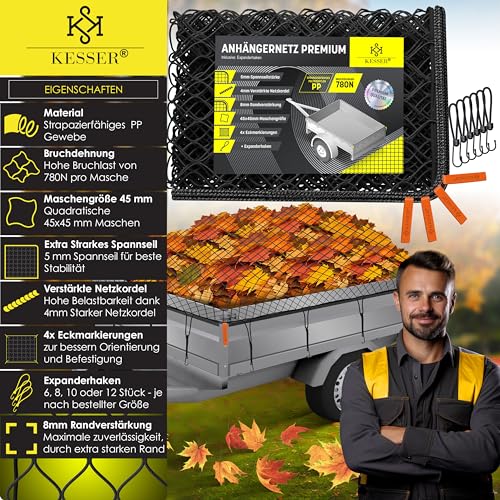 KESSER® Anhängernetz 2x3m feinmaschig | Hängernetz mit Spannseil & Netzkordel | Containernetz für Ladungssicherung | Sicherungs-Netz Eckmarkierungen Expander-Haken & Befestigungsknöpfen Schwarz