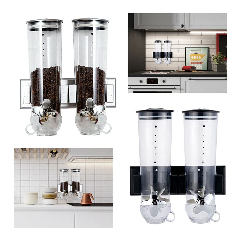 Dispensador de cereales montado en la pared, dispensadores de alimentos, 2 unidades, dispensador de cereales doble seco para montaje en pared, dispensador de dulces con 2 tazas para almacenar granos
