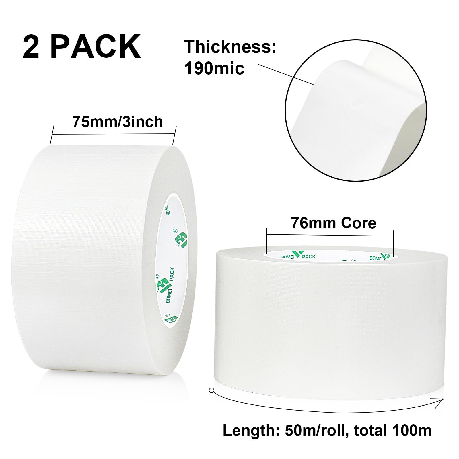 BOMEI PACK Cinta adhesiva de tela blanca, 2 rollos de 75 mm x 50 m, reforzada, resistente al agua, cinta adhesiva resistente para fijación, reparación, manualidades, etiquetado, cajas de sellado para