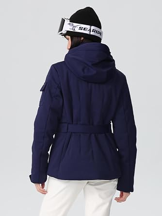 Women Slim Skiing Jackets with Belt Insulated Snowboarding Coat Hooded Snow Coat Elasticity Ski Jacket