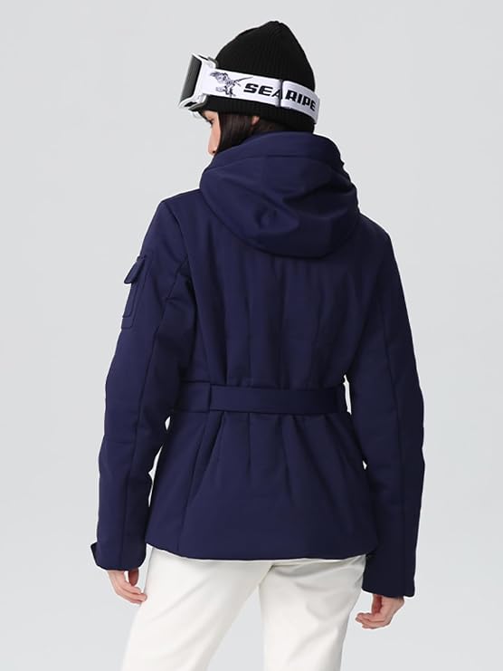 Women Slim Skiing Jackets with Belt Insulated Snowboarding Coat Hooded Snow Coat Elasticity Ski Jacket
