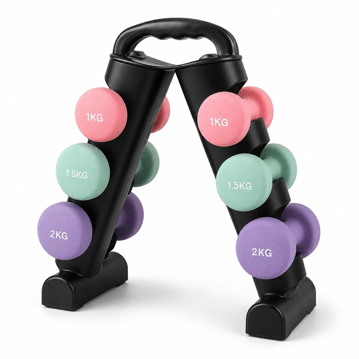 Complete Neoprene Hex Dumbbell Set with Carry Stand – 6 Anti-Roll Hand Weights, 1kg 2kg 3kg Pairs, Non-Slip Grip for Home Gym, Strength Training and Fitness
