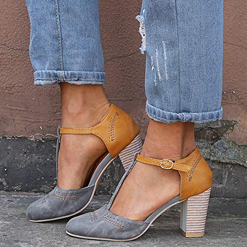 Yu Li Womens Classic T-Strap Buckle Sandals Chunky high Heels Vintage Oxfords Mary Jane Pump Shoes Hollow Shoes3